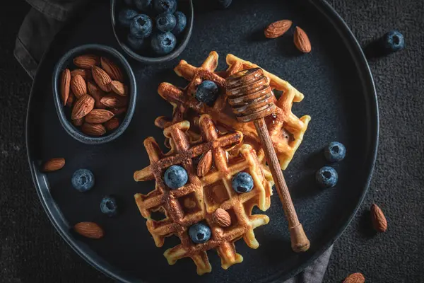 Tasty Homemade Dark Waffles Made Berries Almonds Cocoa Ingredients Good Royalty Free Stock Images