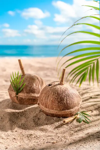 Gezonde Verse Kokosmelk Dop Een Exotisch Eiland Vakantie Een Paradijselijk Rechtenvrije Stockafbeeldingen