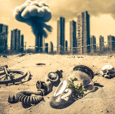 Strange jar with plant in desolate and desert city. Destroyed and polluted city. clipart