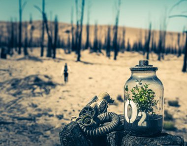 Weird jar with plant and mask against the background of a burnt forest clipart