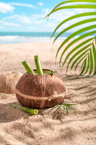 Deliciosa Fresca Pinacolada Coco Una Isla Exótica Vacaciones Una Playa Fotos de stock libres de derechos