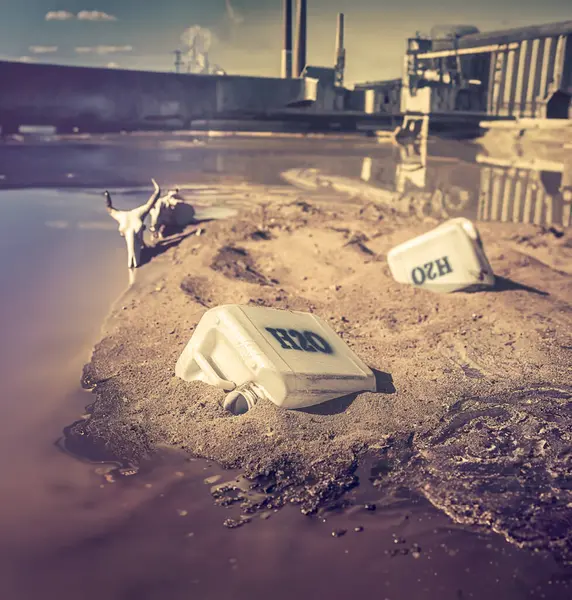 Kontaminierte Wasserkanister Als Problem Des Klimawandels Leere Plastikkanister Einer Wüstengegend lizenzfreie Stockbilder