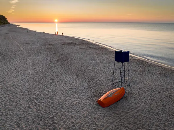 Sunrise Beach Boat Lifeguard Hut Baltic Sea Poland Stock Image