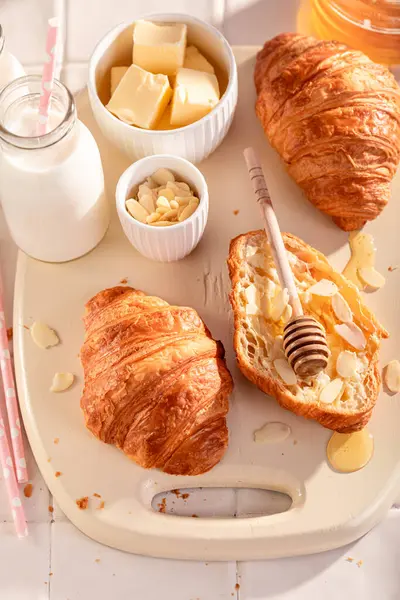 Golden Hot French Croissants Popular Snack Breakfast Milk Honey Butter Ліцензійні Стокові Зображення