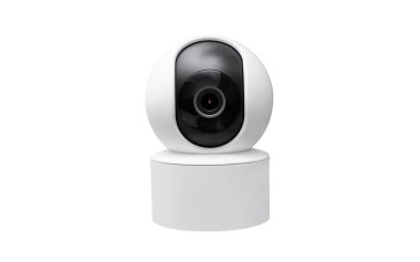 Smart Home kablosuz güvenlik kamerasının kapatılması beyaz arka planda izole edildi, güvenlik monitörü ya da özel CCTV kullanılıyor