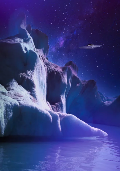 Ufo Űrhajó Repül Jég Felett Éjszaka Csillagokkal Jogdíjmentes Stock Fotók