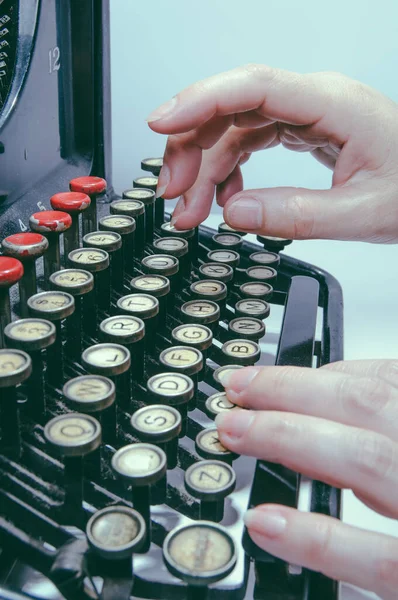 Woman Hands Typing Antique Typewriter Interesting Piece Mix Art Culture — Stock Photo, Image