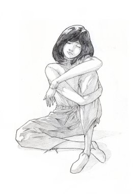Dinlenmek ve yorgun hissetmek için dizlerinin üzerinde oturan genç bir kadının kalem çizimi..
