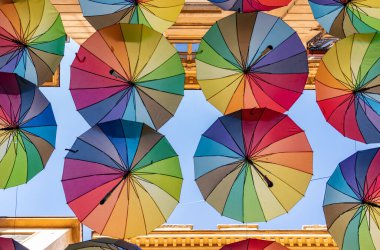 A picture of the colorful umbrellas at the Umbrellas Street, in Bucharest.