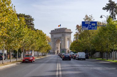 A picture of the Arch of Triumph of Bucharest at the end of the Alexandru Constantinescu Street.