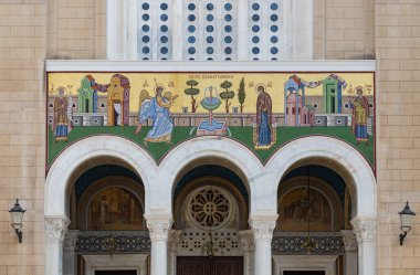 A close-up picture of a mural at the Metropolitan Cathedral of Athens.