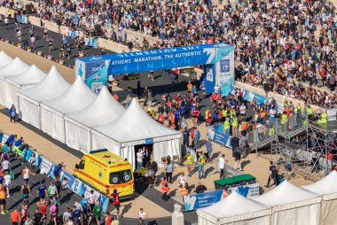 A picture of the finish line of the 2022 edition of the Athens Marathon - The Authentic, in the Panathenaic Stadium.