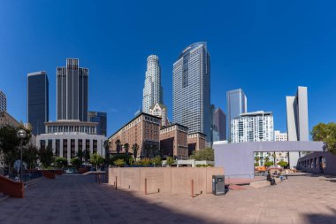 A picture of Pershing Square and the surrounding skyscrapers in Downtown Los Angeles.