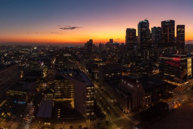 A picture of Downtown Los Angeles at sunset, early evening and night.