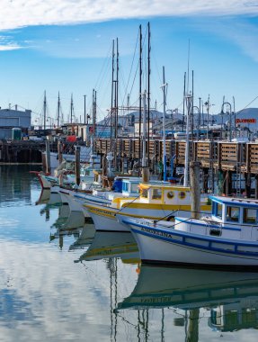 San Francisco Balıkçı Rıhtımı 'ndaki renkli teknelerin resmi..