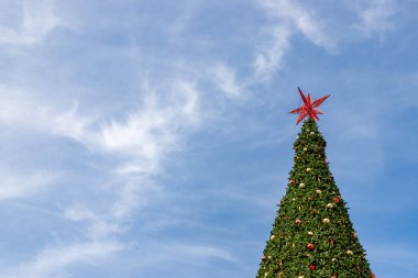 Mavi gökyüzüne karşı bir Noel ağacının tepesi..