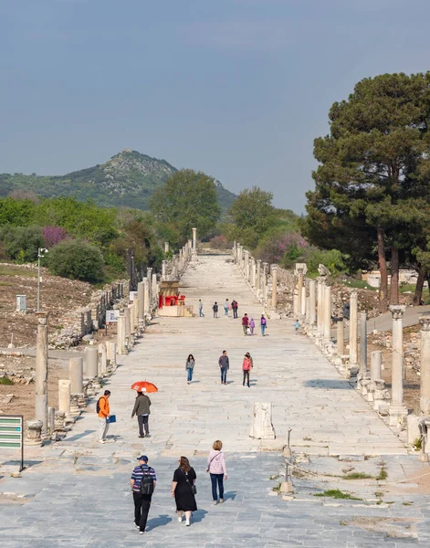 stock image A picture of the Harbor Street at the Ephesus Ancient City with some tourists.