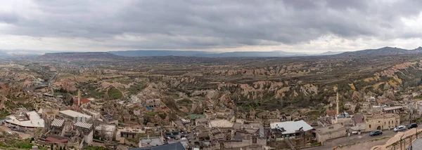Panoramatický Obraz Historického Národního Parku Goreme Města Uchisar Zamračený Den — Stock fotografie