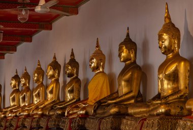 Wat Pho Tapınağındaki altın Buda heykellerinin resmi..