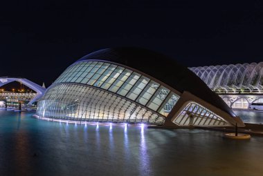 Gece vakti sanat ve bilim şehrinin bir parçası olan Hemisferic 'in bir resmi..