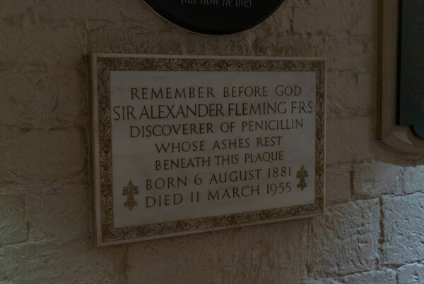 Картина мемориальной доски сэра Александра Флеминга в склепе собора Святого Павла в Лондоне.