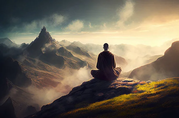 Abstract digital art of monk meditation enlightenment background, illustration design, mindful and spiritual concept