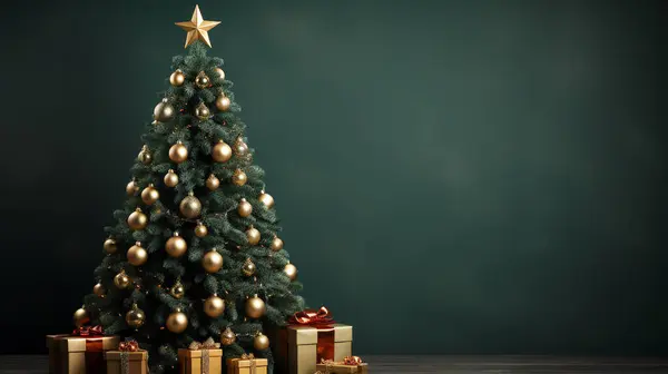 Süslü Noel ağacı ve yeşil lüks arka planda hediye kutuları.