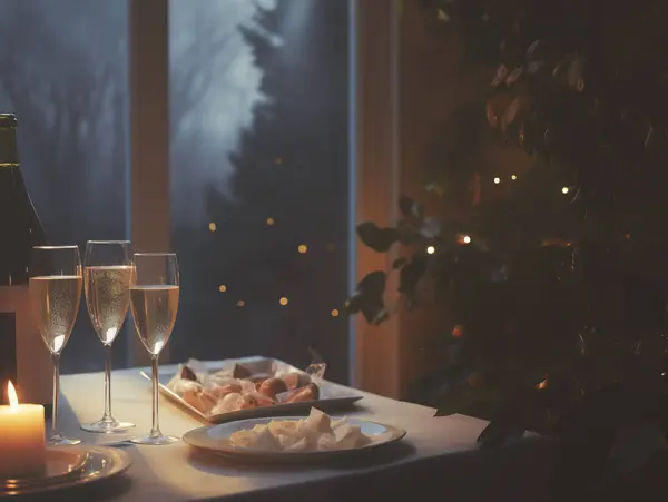 Champagne glasses with food and christmas tree in living room, interior lifestyle celebration new year aesthetic style