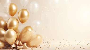Fotokopi alanı ve tatil konseptiyle altın balonlu kutlama partisi afişi