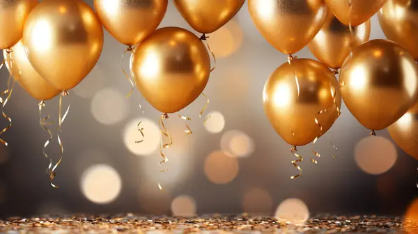 Celebration party banner with gold balloons and bokeh light background