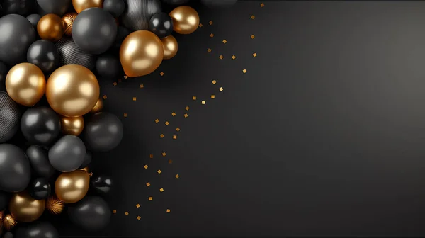 Black and golden balloons in the corner on black background with copy space