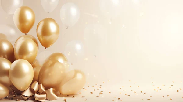 Celebration party banner with gold balloons on bright background with copy space, holiday concept