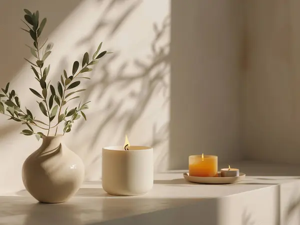Organic white aroma candle jar ceramic mockup with blank label for branding, minimal design packaging