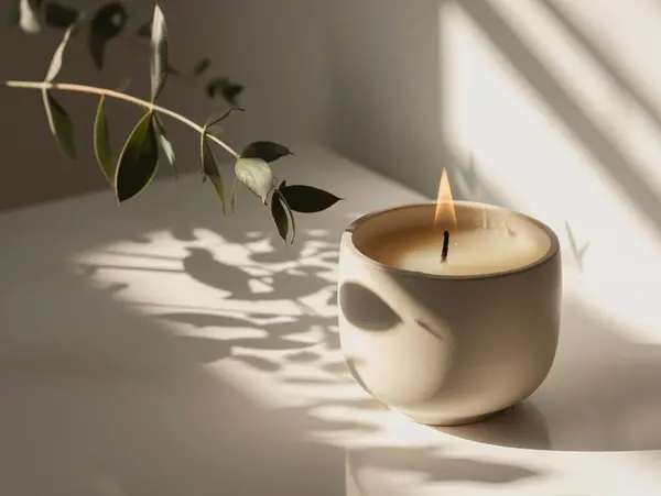 Organic white aroma candle jar ceramic mockup with blank label for branding, minimal design packaging