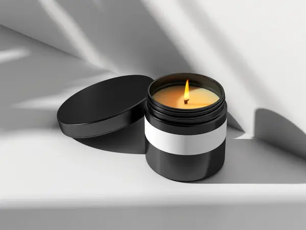 Modèle Cérémonieux Pot Bougie Biologique Arôme Mat Noir Avec Étiquette Images De Stock Libres De Droits