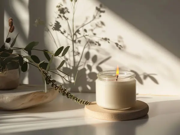 Organische Weiße Aroma Kerze Glas Attrappe Mit Leerem Etikett Für Stockbild
