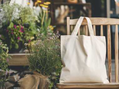 Boş beyaz tuval çanta, güneş ışığıyla sandalye üzerinde modelleme, ekolojik tasarım, çevre dostu konsept