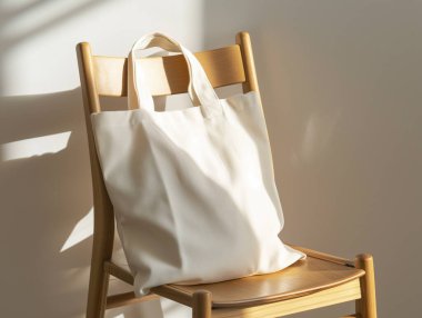 Boş beyaz tuval çanta, güneş ışığıyla sandalye üzerinde modelleme, ekolojik tasarım, çevre dostu konsept