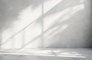 Boş beyaz duvar ve doğal yapraklı zemin stüdyosu tasarım ve ürün montaj görüntüsü için arka planı gölgelemektedir.