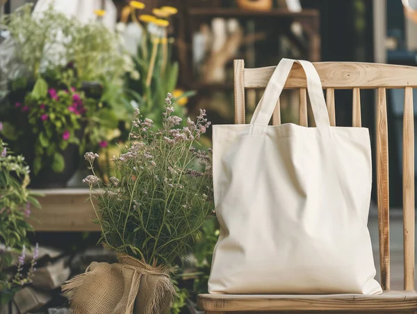 Boş beyaz tuval çanta, güneş ışığıyla sandalye üzerinde modelleme, ekolojik tasarım, çevre dostu konsept