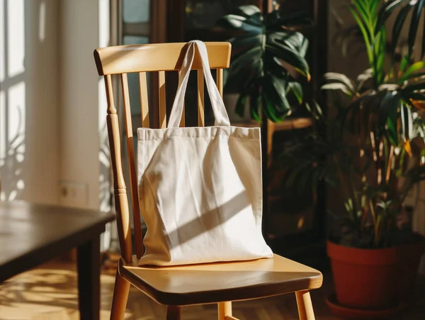 空白空白白色帆布帆布袋在阳光下的椅子上造型 用于展示设计 环保理念 图库照片