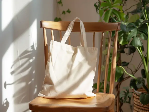 Leere Weiße Stofftaschen Attrappe Auf Stuhl Mit Sonnenlicht Für Displaydesign Stockbild