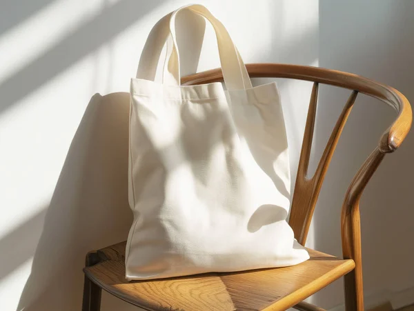 Leere Weiße Stofftaschen Attrappe Auf Stuhl Mit Sonnenlicht Für Displaydesign Stockbild
