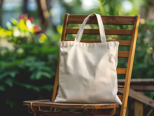 空白の白いキャンバス トート バッグのモックアップ日光が付いている椅子 表示設計 環境に優しい概念 ロイヤリティフリーのストック画像
