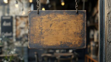 Kırsal bir kafede asılı boş bir ahşap tabela yaratıcılığı ve fikirleri davet ediyor..