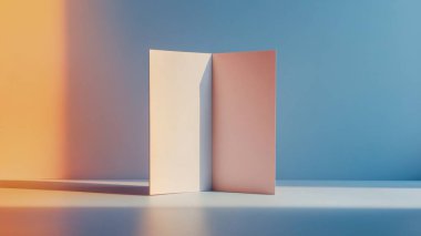 Yumuşak pastel renkler ve doğal ışık içeren iki açık paneli olan minimalist soyut sahne.