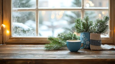 Sıcak bir atmosfer için fincan, yeşillik ve yumuşak ışıkla sıcacık bir kış manzarası..