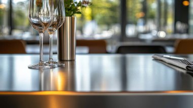 Modern bir restoranda gözlük ve çiçeklerle süslenmiş şık bir yemek masası..