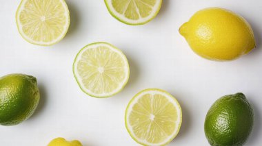 Beyaz arka planda taze limon ve limon dilimleri.