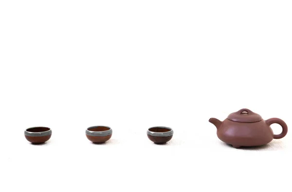 Vedere Set Ceai Ceainic Chinezesc Cești Fundal Alb — Fotografie, imagine de stoc